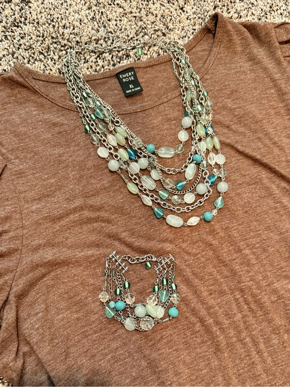 Multistrand Aqua & Silver Bead Necklace and Bracelet Set